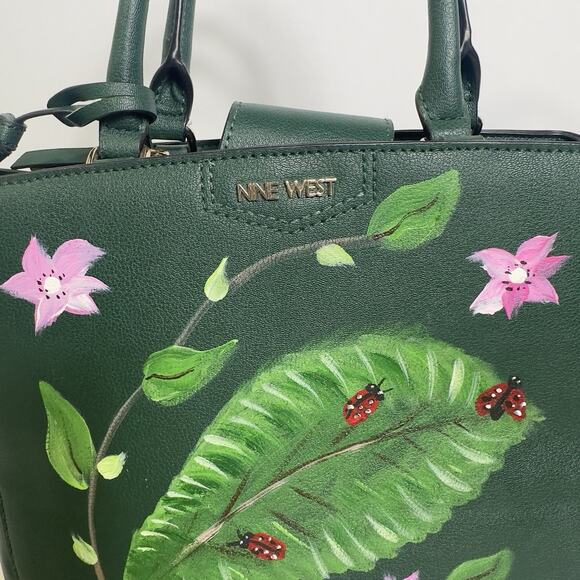Nine West Green Tote Bag Hand Painted Ladybug Floral Leaf Purse Shoulder Satchel - Picture 3 of 16